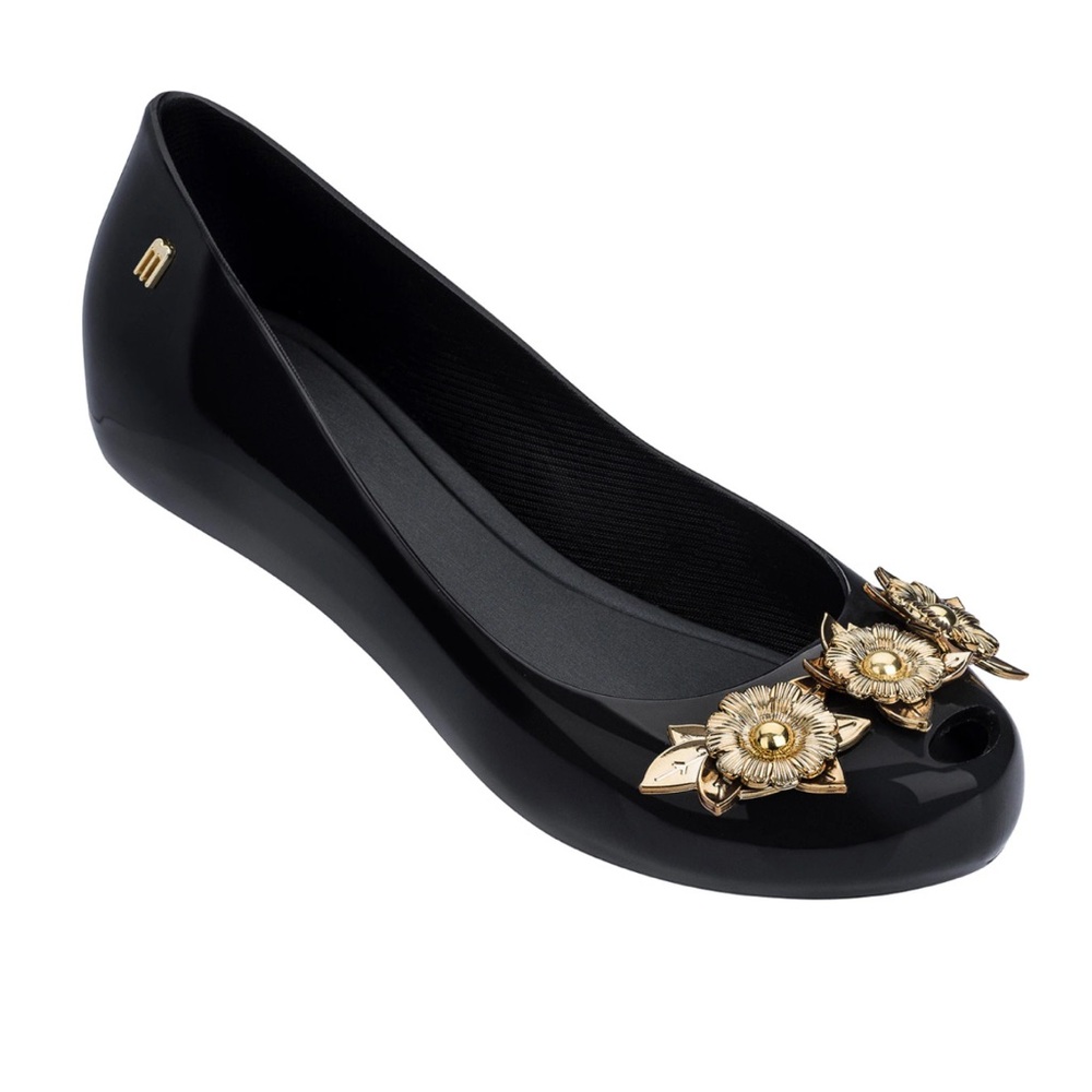 Melissa Black Flats with Gold Floral Accents size 7 USA